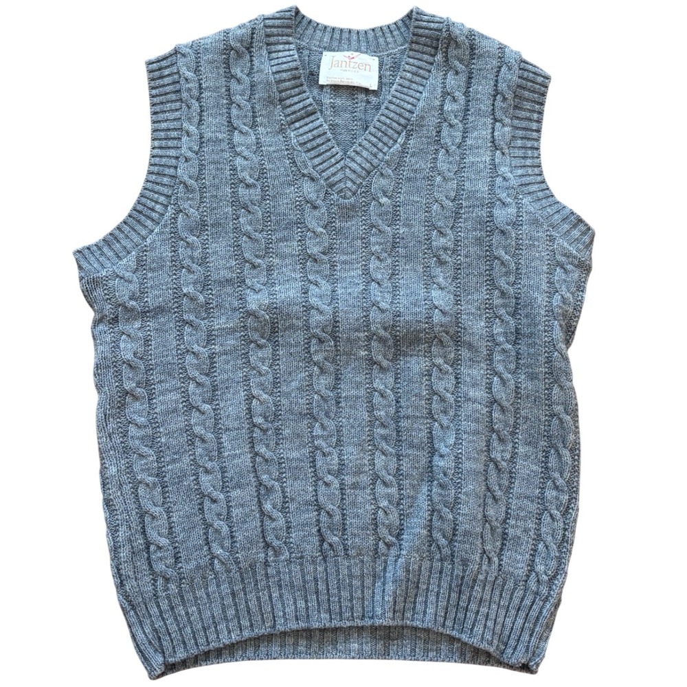 Vintage Jantzen Gray Cable Knit Sweater Vest V-Neck Made in USA Womens Large